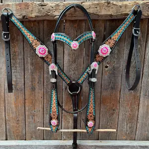Multi Flower Hot Pink Browband / One Ear - Breastcollar Tack Set #BBBC647