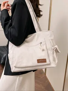 Women's Large Capacity Corduroy Hobo Bag, Multi-Pocket Textile Handbag, Vintage Style Shoulder Bag for Fall & Winter, Casual Daily Use