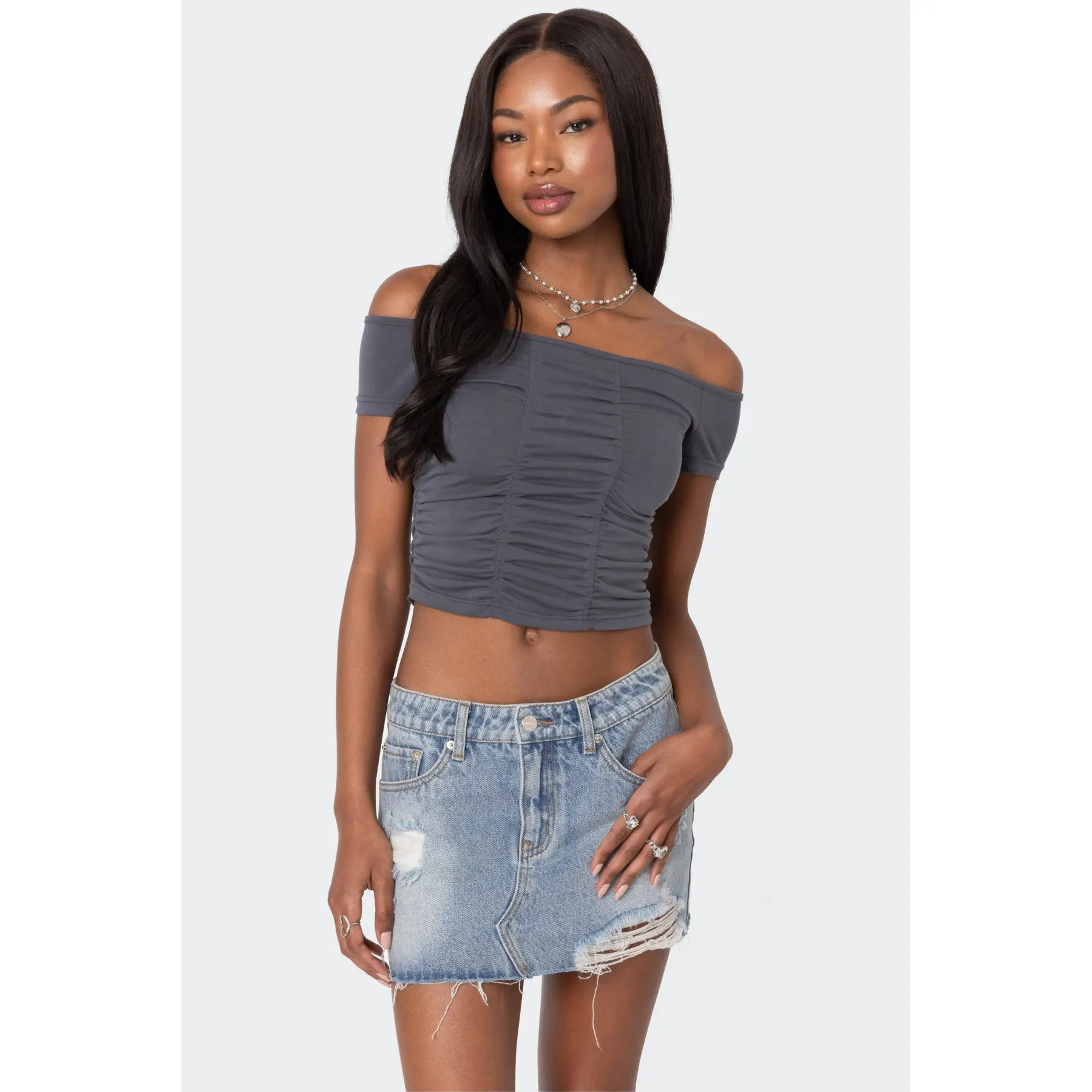 Triple Ruched Off Shoulder Top