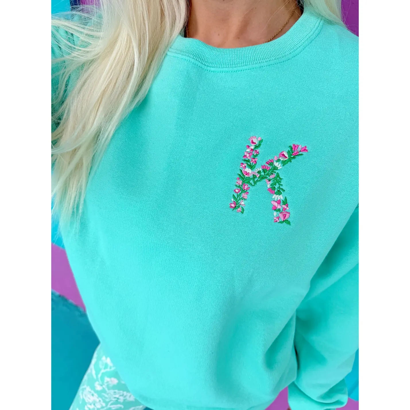 Mint & Pink Floral Embroidered Initial Sweatshirt