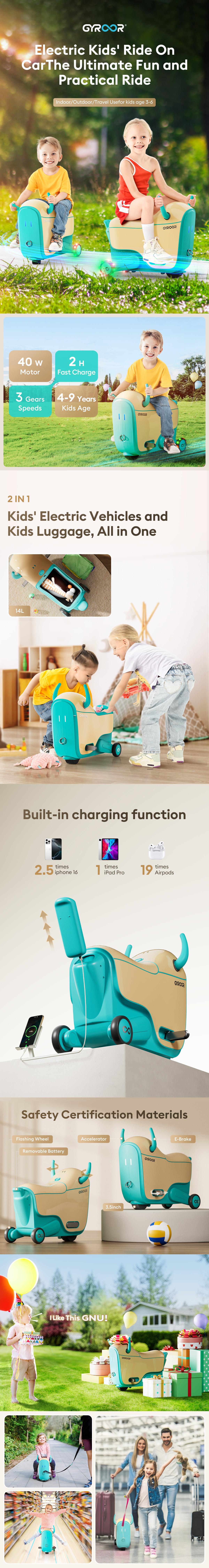 Gyroor GNU Kids Electric Ride-On Car with Flashing Wheels, Adjustable Speeds and 14L Storage, Electric Vehicles for Kids Aged 4-9 Years, 2-in-1 Ride-On and Storage