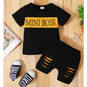 Baby Boy Mystery Outfit Letter Graphics Short Sleeve Summer Casual T-Shirt & Ripped Shorts 2-Piece Clothing Set From 6m-3y Ready Stock 22103016