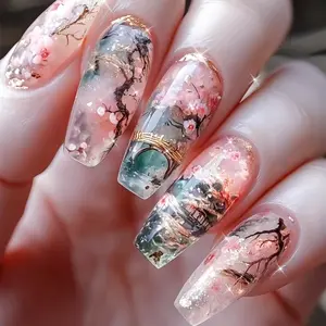 Minimalist National Style with 30pcs of Medium-Length Nails Inspired by The Poetic Spring Scenery of Jiangnan, Featuring Charming Designs of Small Bridges And Flowing Water, Perfect for a Fashionable And Elegant Look