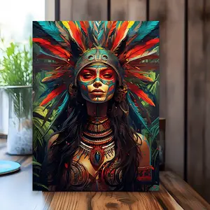 2d 1 Piece of Traditional Native American Women Canvas Art Print, Living Room Wooden Frame Wall Decoration, Indoor Country Style Artwork, New Year Home Decoration, 11.8X15.7 Inches, living Room Decoration | Vibrant Canvas Print | Meticulous Feather Design