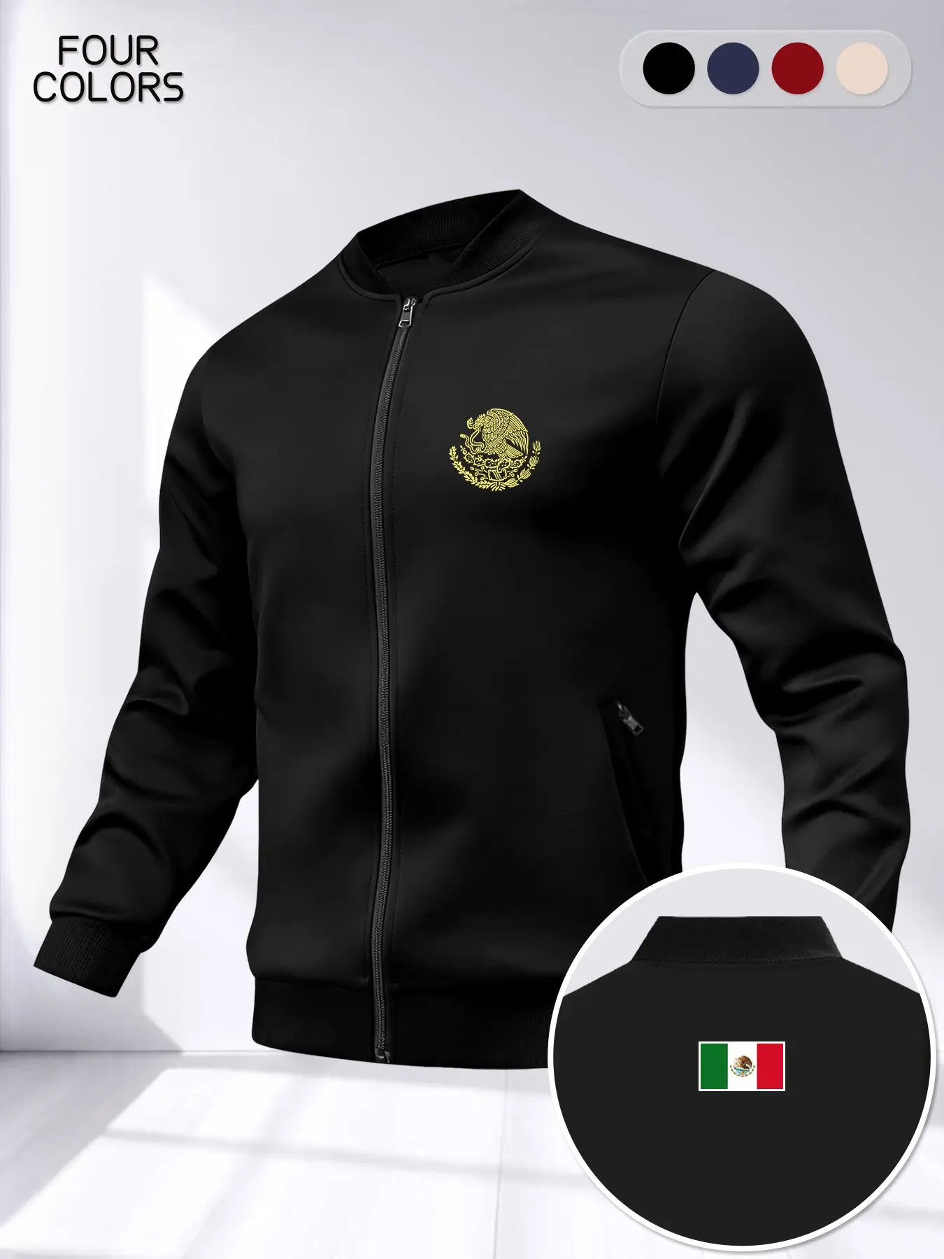 Men's Mexico Fashion Zipper Jacket, Mexican Badge Print Baseball Shirt, Streetwear Patriotic Sports Top, Long Sleeve Loose Fit, Casual Trendy Casual Comfy Jacket, Fall Jacket