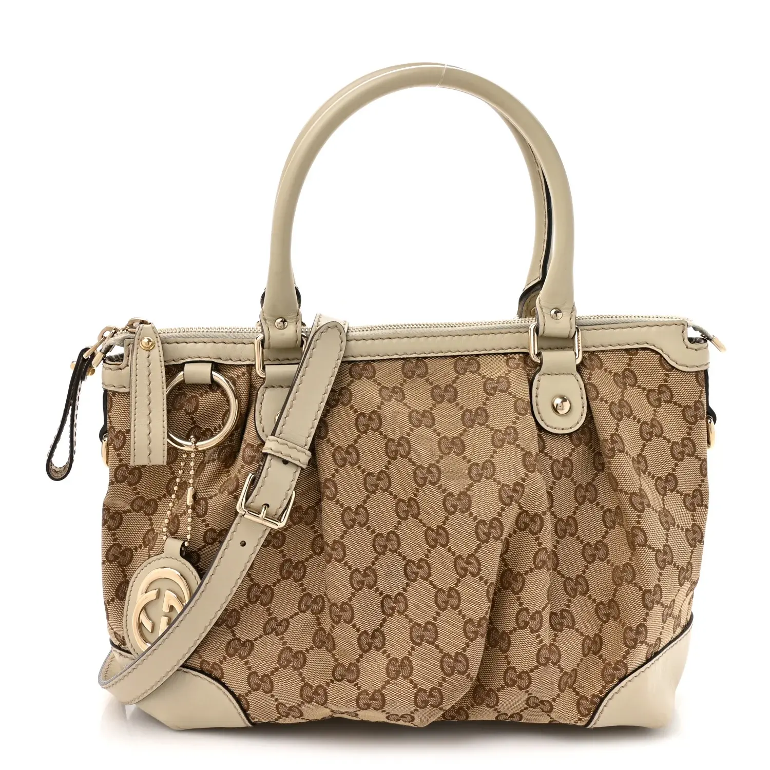 Pre-owned GUCCI Monogram Canvas and Calfskin Shoulder Bags GG Monogram Margaux Calfskin Medium Sukey Top Handle Bag Beige Ebony Mystic White