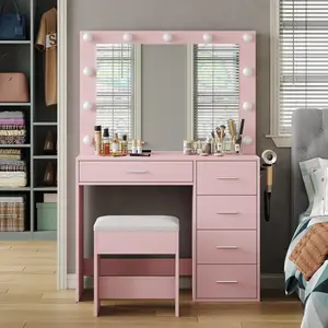 37"W 5 Drawers Vanity Desk with Power Outlet, Makeup Table with Lighted Mirror, 3 Color Lighting Modes, Modern Dressing Table Set, SummerVibeRQKL