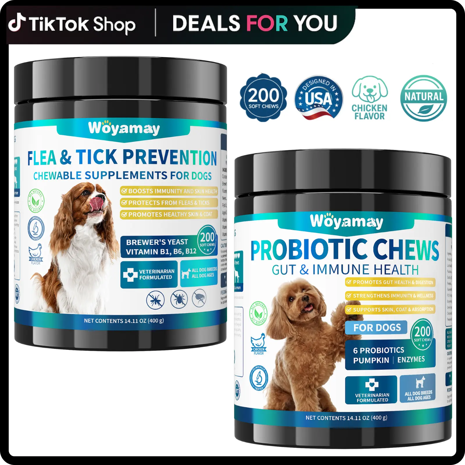 Woyamay Flea and Tick Chews & Probiotics for Dog Support Digestive Health & Immune System with Omega-3 Fish Oil Chicken Flavor #tiktokshopbacktoschool
