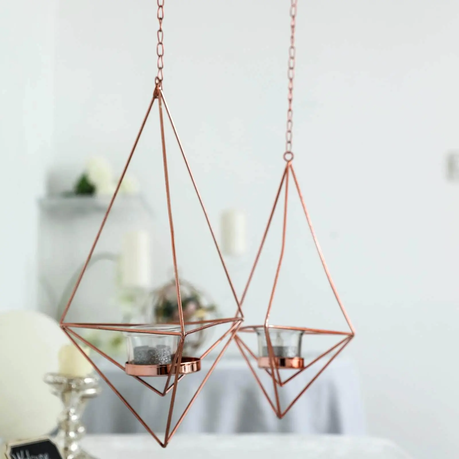 Rose Gold Metal Hanging Artificial Tea Light Candleholders Set of 2 - Diamond Shape Geometric Open Frame, 12in-15in Flower Terrariums for Home Decor, Wedding, Housewarming, Birthday Decorative Use, Occasion