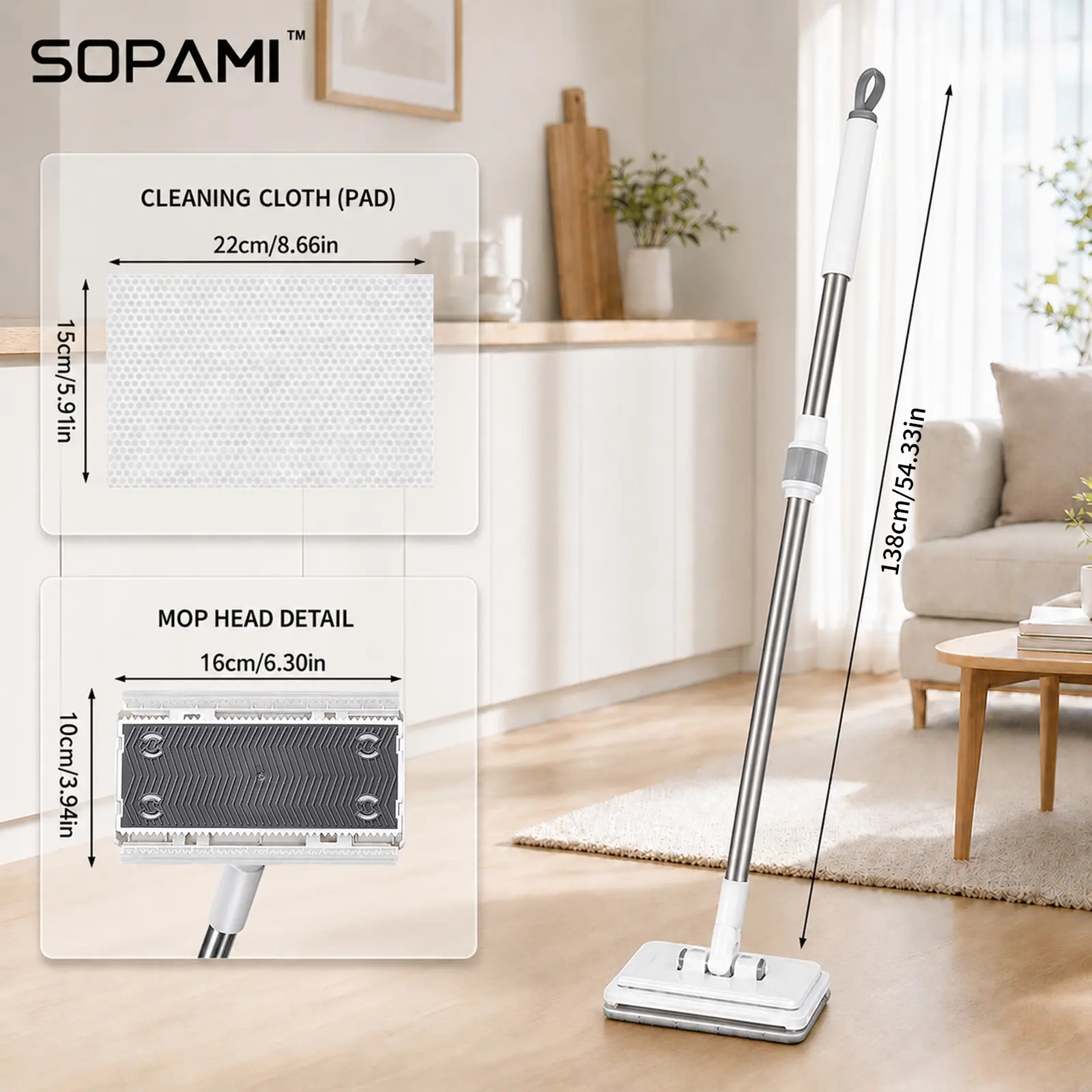 SOPAMI Retractable Disposable Dust Mop, Hands-Free Automatic Clamp, Dry & Wet Dual Use, Replaceable Non-Woven Pads, No Hand Wash, Lazy Household Dust Cleaner for Hardwood Floors, Tile Floors and Baseboards