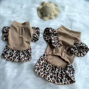 Cute Pet Princess Dress Clothes for Dogs & Cats, Leopard Print High Neck Design, Beaded Decoration, Perfect for Spring Autumn Winter Wear