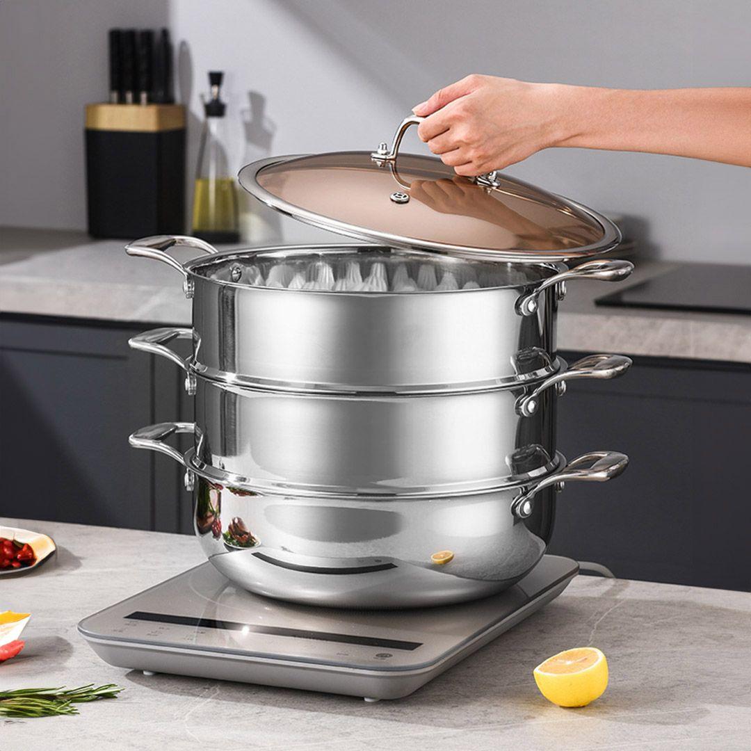 SOGA 3-Tier 30cm Heavy-Duty Stainless Steel Food Steamer – Stackable Vegetable Pot with Glass Lid, Multi-Layer Pan Insert for Healthy Cooking, Steaming Meat, Fish, and Vegetables
