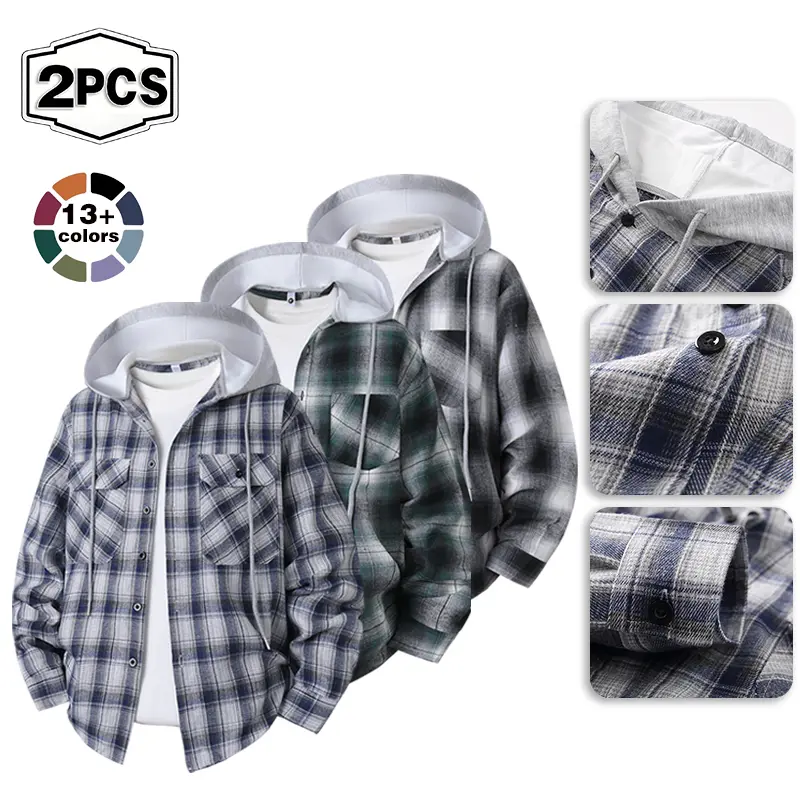 2026 new style spring and autumn hooded checkered shirt, fashionable, casual, loose, long-sleeved shirt