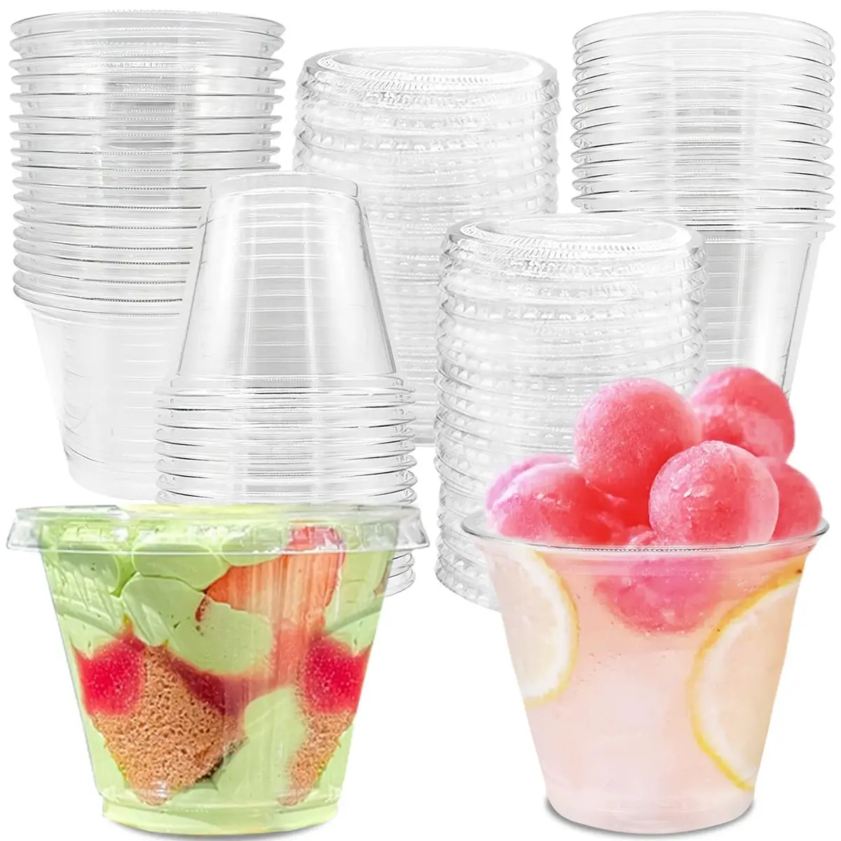 Reusable Plastic Dessert Cups with Flat Lids, 20/50/100 Pack, 9 Oz Capacity, Ideal for Cold Drinks, Parties, Coffee, Fruit, Ice Cream, BBQ, Thanksgiving, Christmas, Reusable Party Cups
