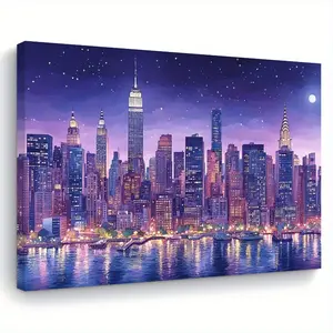 1 Piece Art Avenue Wooden Frame Oil Painting - Magnificent Midnight Manhattan Skyline, Ready to Hang Wall Art, Suitable for Living Room, Bedroom, Kitchen, Home Office Decoration, Perfect Gift, New York Skyline Wall Art