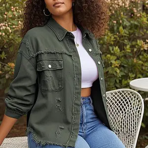 [PlusSize]PlainRippedPocketButtonFrontRawHemDenimCoat,CasualBasicJackets,DropShoulderLongSleeveCollaredOuterwear,DenimBomberJacket,Women'sClothesforFall,GiftSet,JacketsforWomen,CoatsforWomen,LongsleevesWomenswear