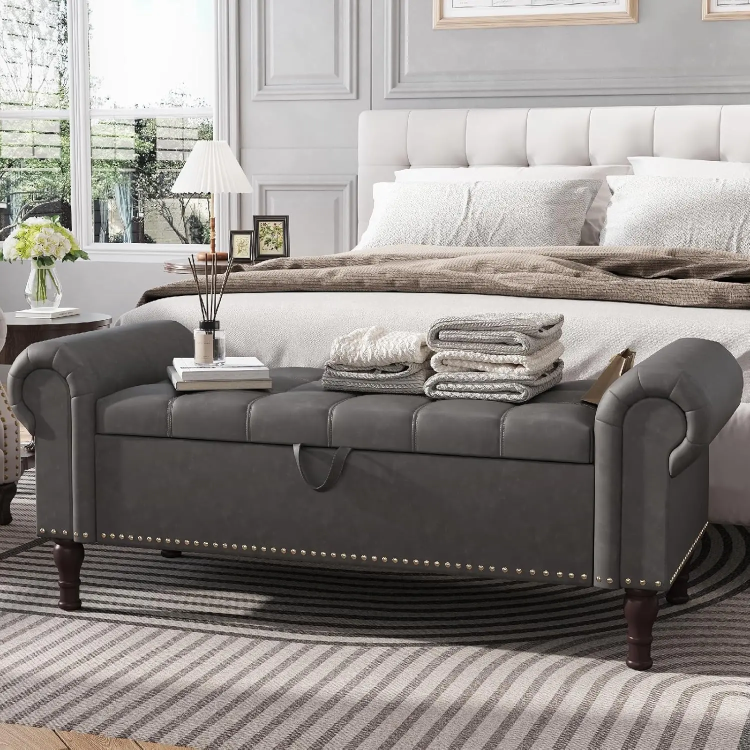 Apicizon Greenish Spring 60" Storage Ottoman Bench, Mid Century Faux Leather Bench with Rolled Arm & Vintage Rivets, Large Hidden Storage Chest Upholstered Stool Modern Furniture for Bedroom Living Room   Foot Rest Stool
