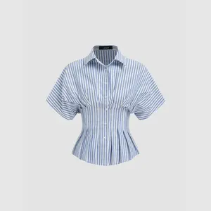 Cider Cotton-blend Collar Stripe Pleated Cinched Waist Shirt