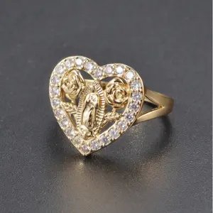 Gold Plated Copper Virgin Mary and Heart Rose Ring with Guadalupe Zirconia for Women Holiday Gift