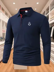 Men's Solid Color Long Sleeve Polo Shirt, High Fashion Comfortable Fabric, Casual Sporty Style, All Seasons Wear, Printed Penguin Design