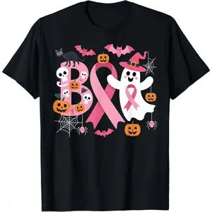 100% Cotton Unisex Boo Halloween Pumpkin Pink Ribbon Witch Breast Cancer T-Shirt Casual Graphic Printed Vintage Tshirt