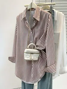 1 piece women's summer striped lapel single-breasted casual simple pocket long-sleeved shirt Blouse, suitable for office, vacation, home, daily wear, festivals, four seasons, Casual Classy Top