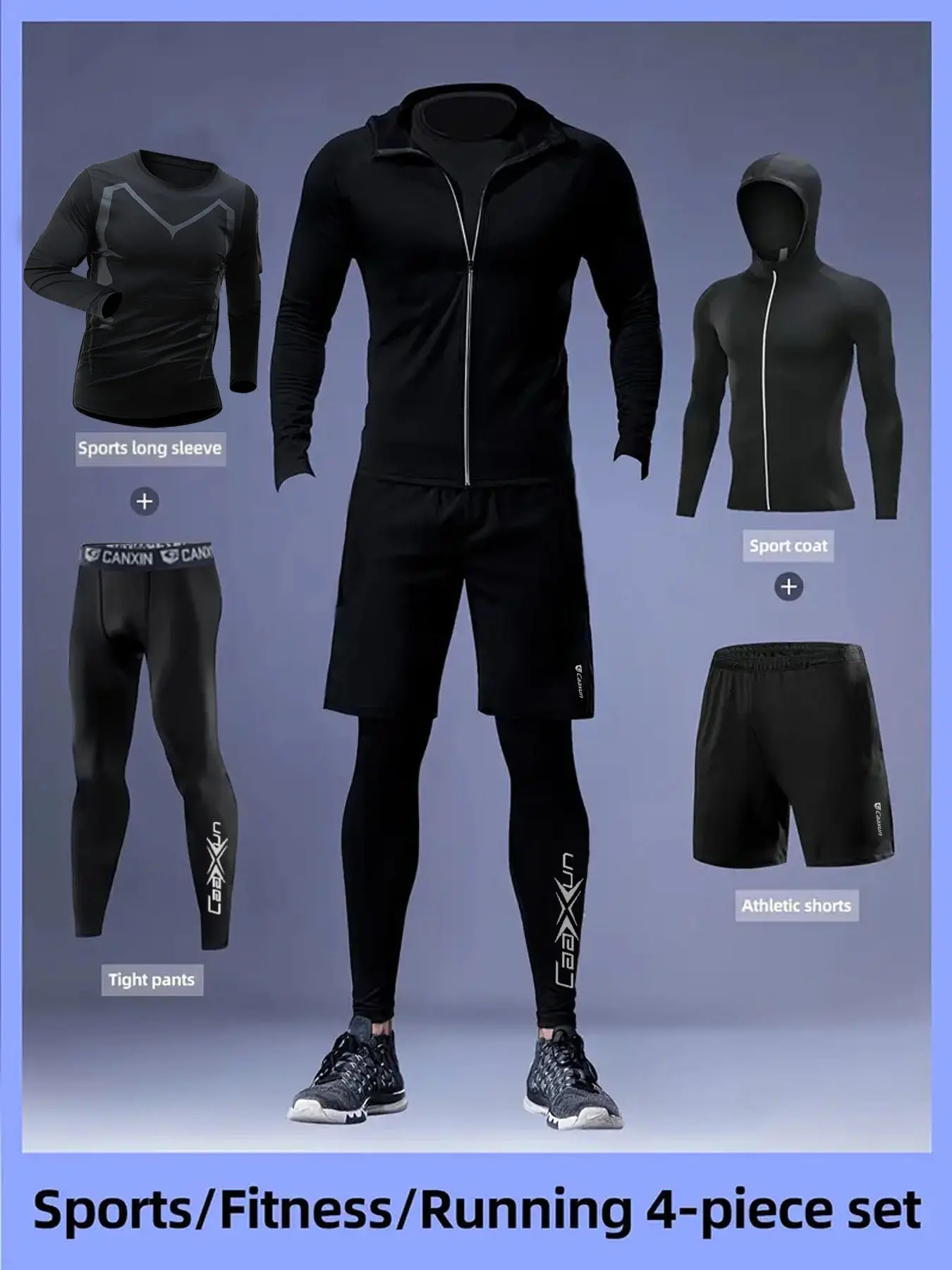 Men's Casual Sports Set, Breathable Compression Long Sleeve Tee, Reflective Zipper Hoodie Jacket, Shorts & Leggings, Ideal for Running Gym Outdoor Activities, Lightweight Compression Sportswear