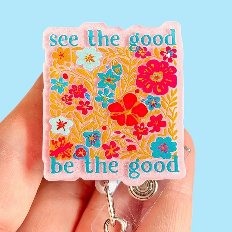 Glitter My Badge See the good be the good badge reel for nurse and hospital workers. Badge clip Badge pull - Retractable swivel clip with a 360 rotation. Great gift for coworkers. Funny badge reels