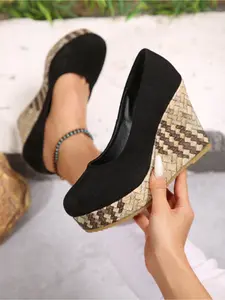 Women's suede woven wedge heel high heels with shallow mouth, round toe, waterproof platform, thick sole, single shoe, commuting, leisure, height increasing shoes, Stylish