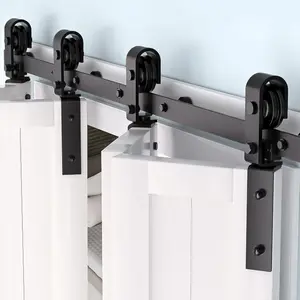 Heavy-Duty Double Bifold Wood Door Hardware Kit – Smooth Quiet Side-Mounted Roller Track, Easy to Install, Black, Suitable for Closet, Laundry Room, Bedroom, Load Capacity up to 400 LB, Excluding Doors, 60-Inch 4 Doors