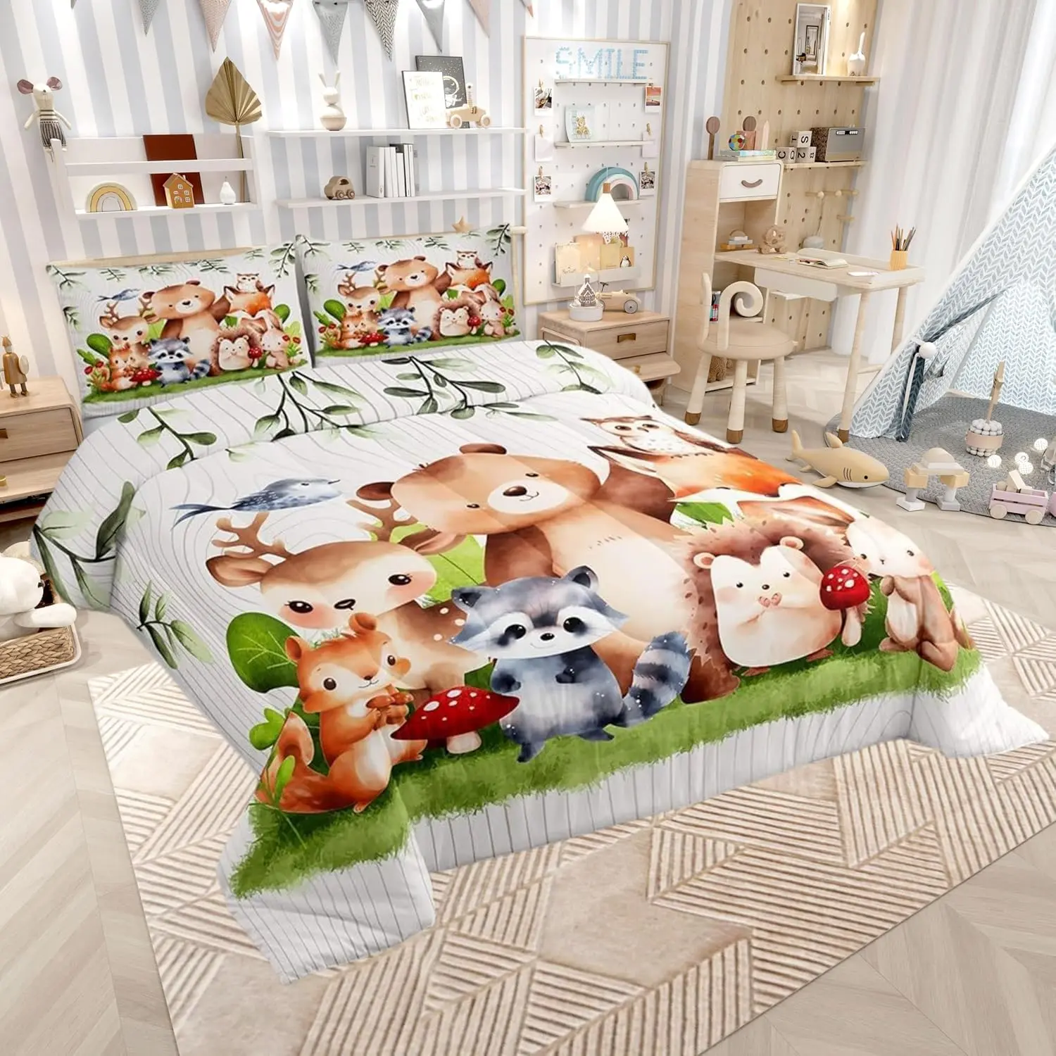 Cute Animals Comforter Set Owl and Rabbit Bedding Set Women Adults Bear and Fox Comforter Green Plants Quilted Duvet Set Bedroom Collection