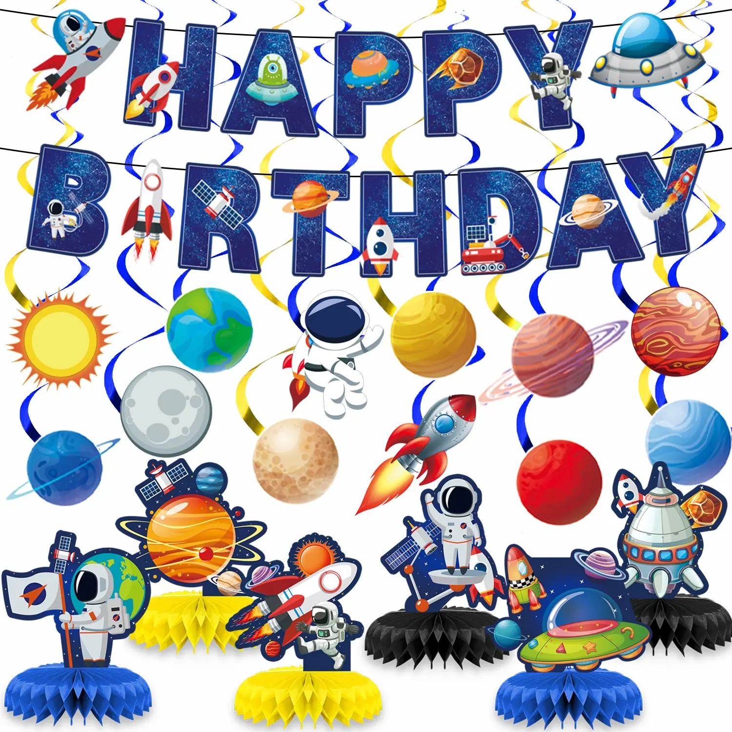 33 Pcs Outer Space Birthday Decorations Include Happy Birthday Banner Hanging Swirls and Honeycomb Centerpieces Solar System Party Decorations for Birthdays Party Supplies Party Event Props Party Favor Packs Party Set