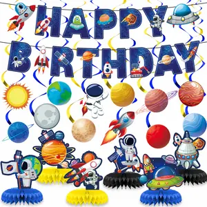 33 Pcs Outer Space Birthday Decorations Include Happy Birthday Banner Hanging Swirls and Honeycomb Centerpieces Solar System Party Decorations for Birthdays Party Supplies Party Event Props Party Favor Packs