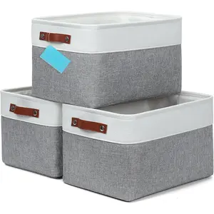 Large Fabric Storage Baskets for Shelves 3 Pack, 15x11in Closet Storage Bins for Shelves, Cloth Baskets for Organizing, Linen Closet Organizers, Fabric Basket, Gray/White
