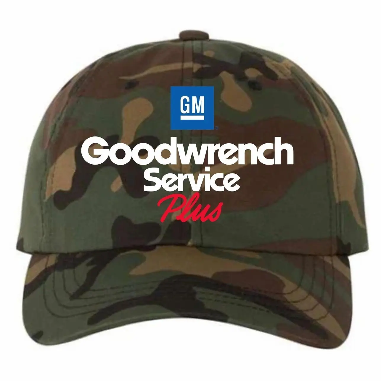 Vintage GM Goodwrench Service Plus Camo Baseball Cap - Retro Woodland Camouflage Dad Hat - Classic Automotive Graphic Hat for Men & Women - Premium Adjustable Outdoor Hunting & Workwear Cap - GM Licensed Style Headwear
