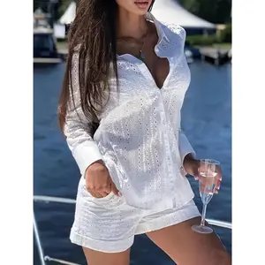 ChicSummerCasualWomen'sOutfit-SheerLongSleeveBlouse&SolidColorShortsSet,BreathablePolyesterBlend,MachineWashable