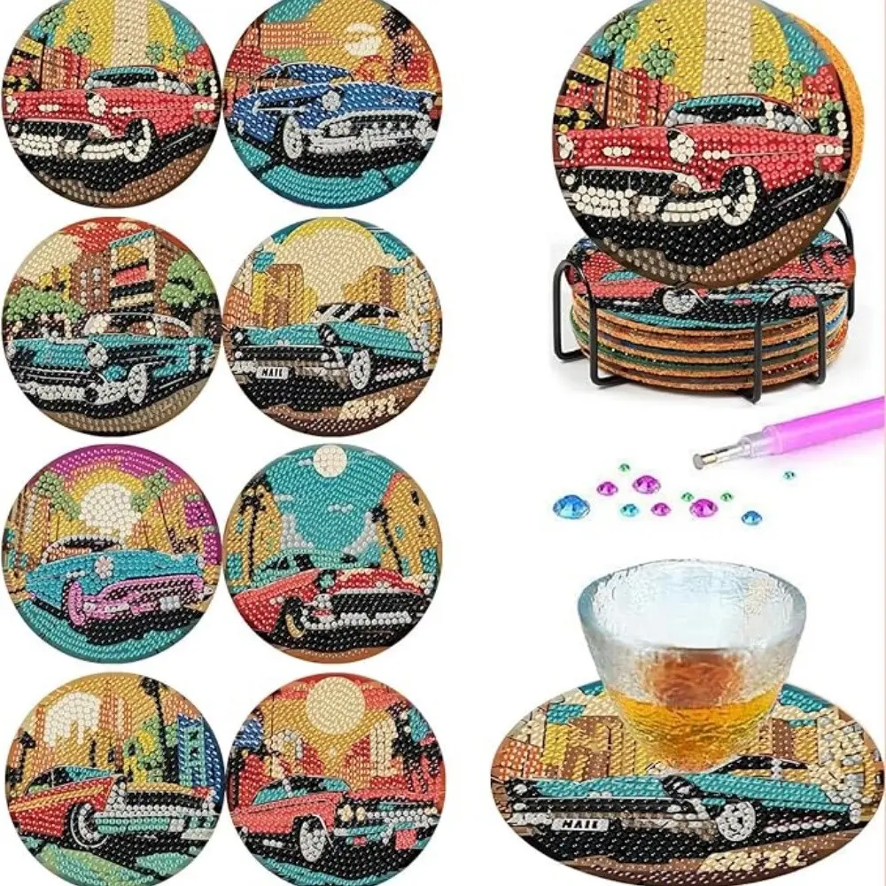 8-piece/set diamond art painting coaster with stand, DIY car pattern diamond art coaster, diamond painting kit suitable for adults and beginners, diamond kit craft supplies, exquisite gift for friends, Diamond Painting Coasters