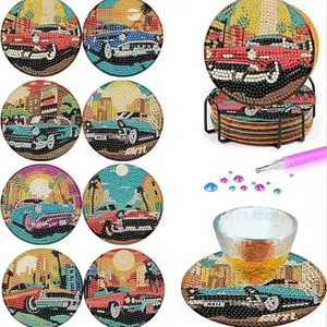 8-piece/set diamond art painting coaster with stand, DIY car pattern diamond art coaster, diamond painting kit suitable for adults and beginners, diamond kit craft supplies, exquisite gift for friends, Diamond Painting Coasters