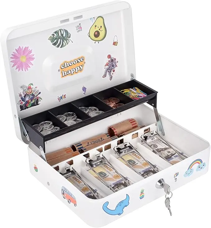 Cash Box with Money Tray and Lock for Small Businesses Metal Lock Box for Money White Choose Happy Design