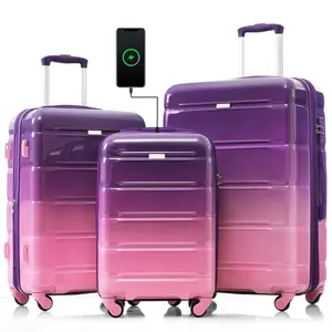 Hardshell Luggage Sets 3-Piece, Lightweight Durable Charge-Ready USB Port Spinner Wheels Suitcase, Gradient Purple, TSA Lock, 20/24/28 Inch Carry-On & Checked Luggage for Adults