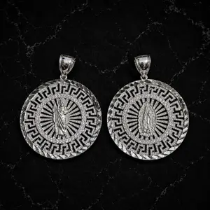 925 Sterling Silver Guadalupe San Judas Greek Key Pendant - Diamond Cut