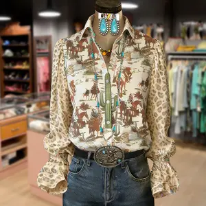Cherrybetty Western Cowboy Print Collard Leopard Flared Cuffs Blouse Elegant Vintage Outfits Going Out Tops Cherrybetty Western Cowboy Print Collard Leopard Flared Cuffs Blouse Elegant Vintage Outfits Going Out Tops