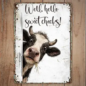 'Well, Hello Sweet Cheeks' Metal Signs, Cute Animals Posters Kitchen Decor Tin Sign Plate, Vintage Tin Warning Sign Retro Metal Of Pet Sign for Outdoor indoor Decoration Funny Wall Art