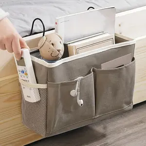 1pc Dorm Bedside Hanging Storage Bag, Cotton Linen Basket with Pockets, Student Bedside Organizer, Essential Dorm Door Cabinet Hook Bag, Space Saving Organizer