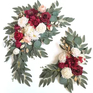 2-piece set of red artificial Decorative flower wedding arch decorations, Flower Arrangement, paired with romantic red and white roses, bright red dahlias, is ideal for receptions and home decorations, Artificial Outdoor Flowers