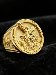 Angel Michael Silver Color Stainless Steel Ring, Punk Ring for Men and Women, Lucky Amulet Ring, Saint Michael Protection Pendant, Spiritual Safeguard, Gift for Valentine's Day, Birthday
