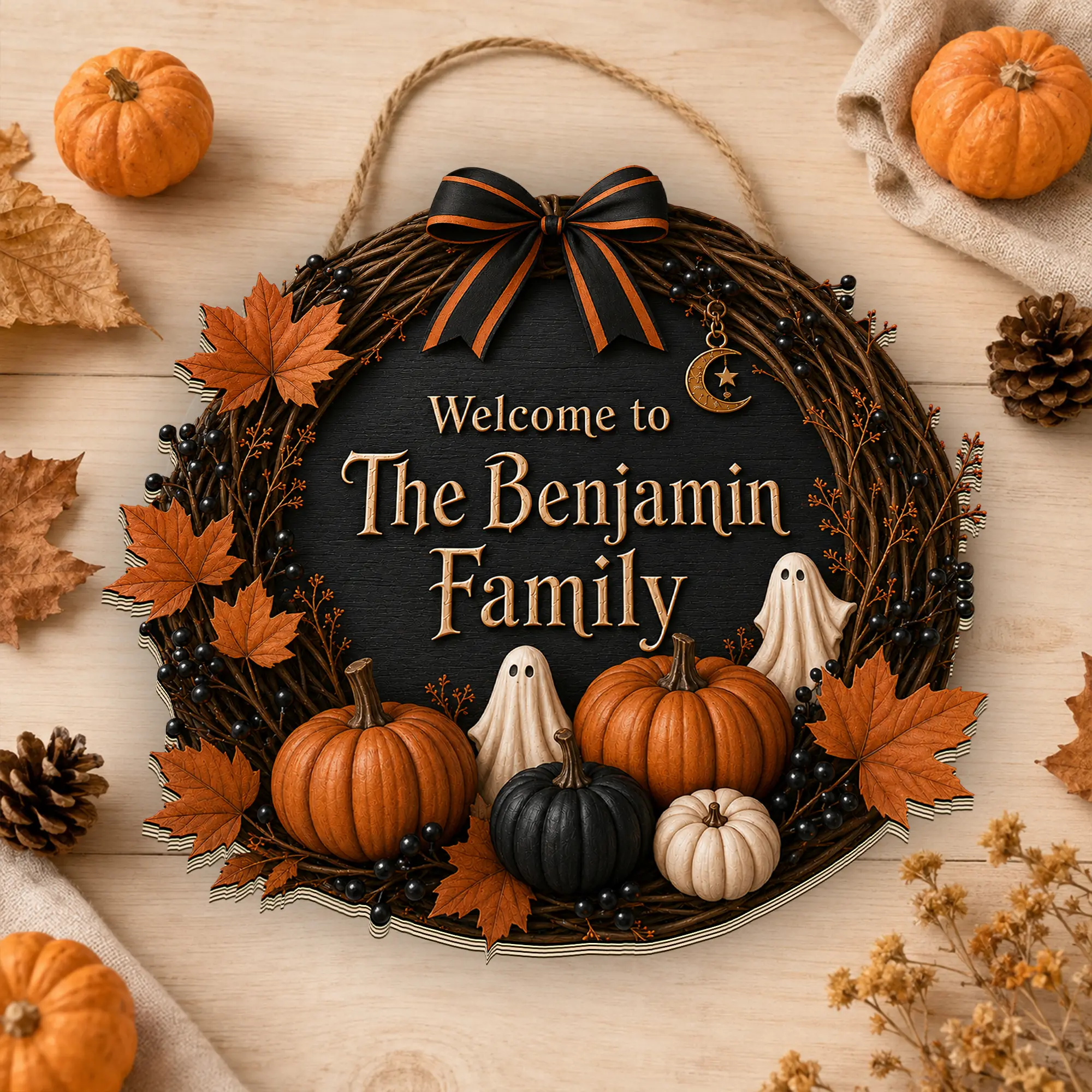 Personalized Spooky Wood Halloween Wreath - Custom Name Door Hanger, Pumpkins Ghosts Front Door Decor, Fall Porch Accent, Family Gift (Home & Festive Decor Supplies)