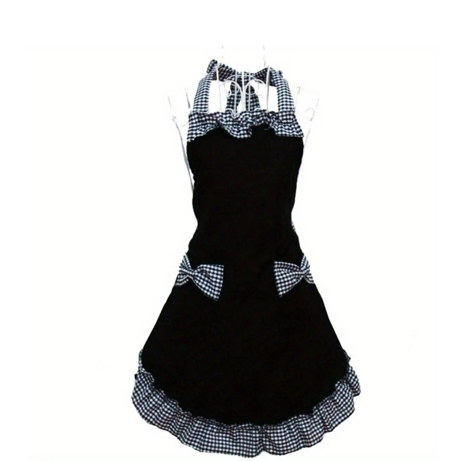 PrimPick One uniform apron, adjustable neck check bow swing lace apron, Kitchen Cooking Aprons, suitable for home cleaning, kitchen cooking, baking, gardening, kitchen, catering, milk, tea house work clothes
