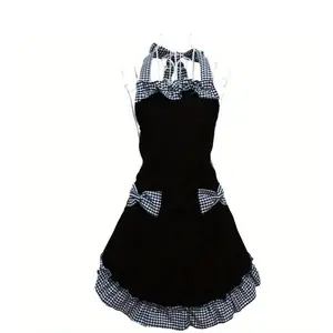 PrimPick One uniform apron, adjustable neck check bow swing lace apron, Kitchen Cooking Aprons, suitable for home cleaning, kitchen cooking, baking, gardening, kitchen, catering, milk, tea house work clothes