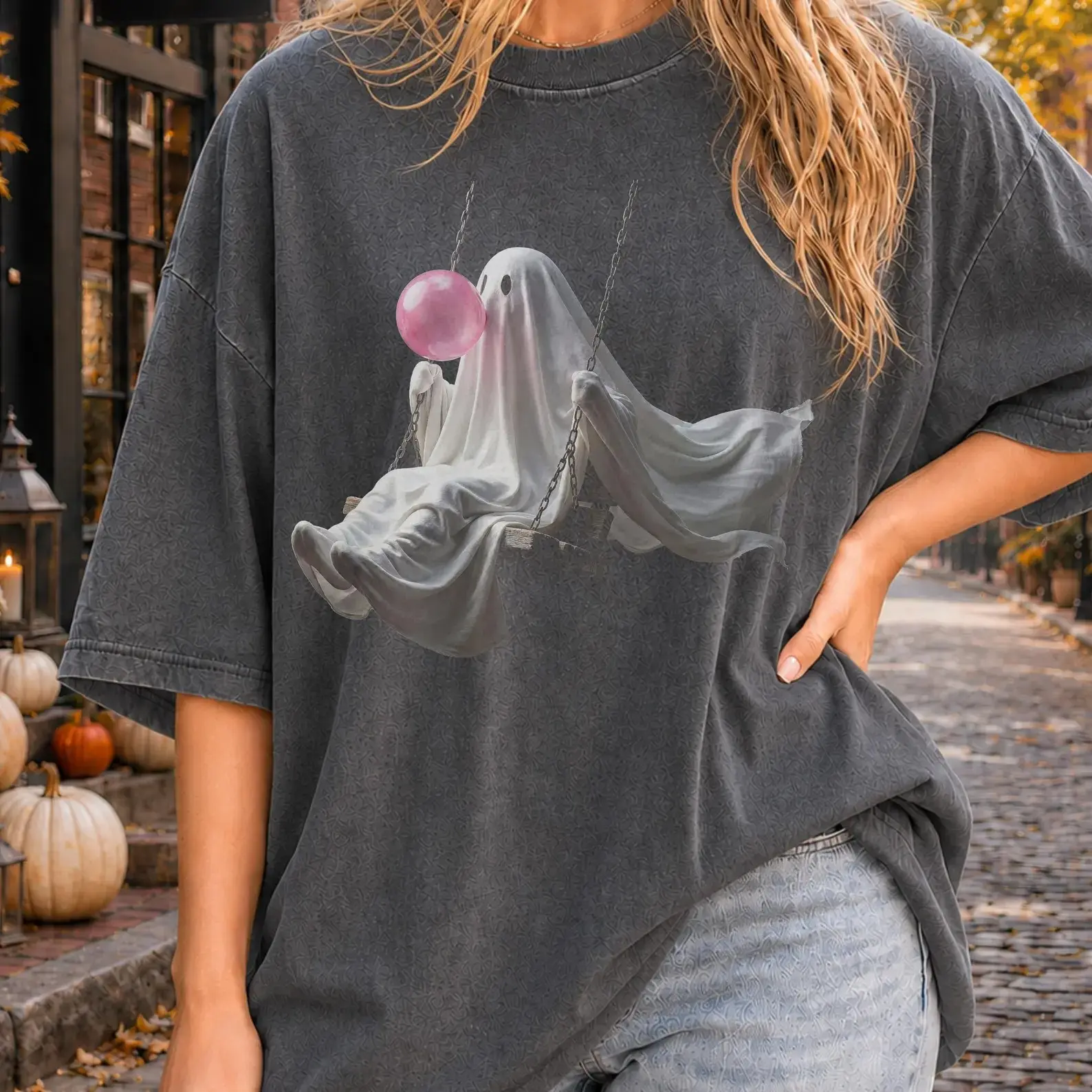 Cozy Fall Unisex Shirt, Cute Ghost on Swing Blowing Pink Bubble Gum Comfort Colors T-Shirt